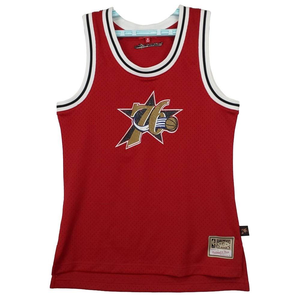 Philadelphia 76ers Mitchell &‎ Ness Medium Womens Jersey Glitter Logo Red New